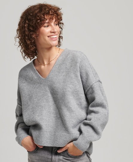 Superdry Women's Lässiger Strickpullover mit V-Ausschnitt Hellgrau - Größe: 34 von Superdry