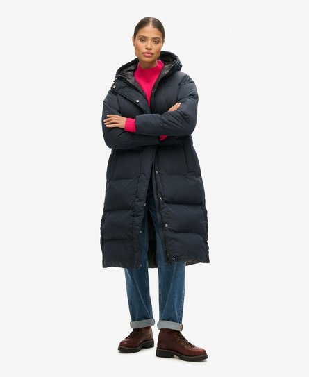 Superdry Women's Lang Geschnittener Steppmantel mit Kapuze Marineblau - Größe: 44 von Superdry