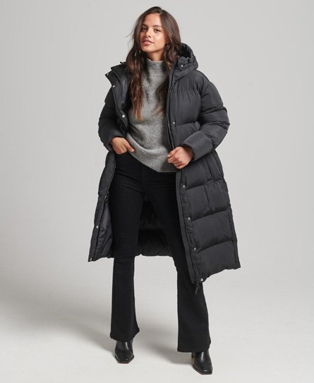 Superdry Women's Lang Geschnittener Steppmantel mit Kapuze Schwarz - Größe: 42 von Superdry