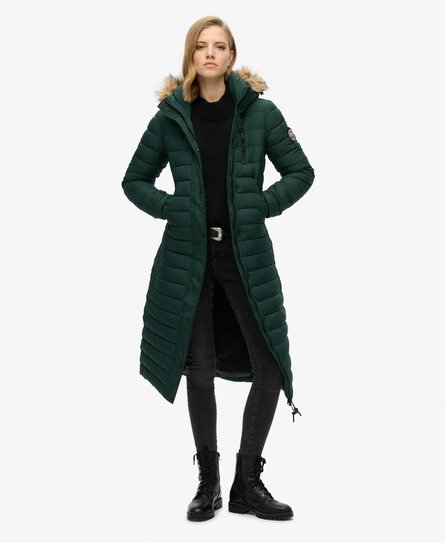 Superdry Women's Lange Leichte Steppjacke mit Kapuzenbesatz aus Kunstfell Grün - Größe: 36 von Superdry