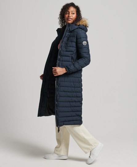 Superdry Women's Lange Leichte Steppjacke mit Kapuzenbesatz aus Kunstfell Marineblau - Größe: 38 von Superdry