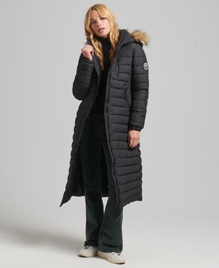 Superdry Women's Lange Leichte Steppjacke mit Kapuzenbesatz aus Kunstfell Schwarz - Größe: 38 von Superdry