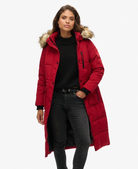 Superdry Women's Langer Everest Mantel mit Kunstfellbesatz Rot - Größe: 36 von Superdry