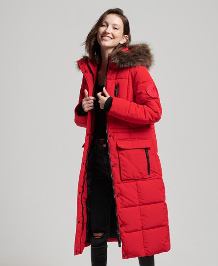 Superdry Women's Langer Everest Mantel mit Kunstfellbesatz Rot - Größe: 36 von Superdry