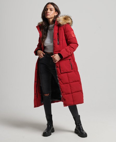 Superdry Women's Langer Everest Mantel mit Kunstfellbesatz Rot - Größe: 38 von Superdry