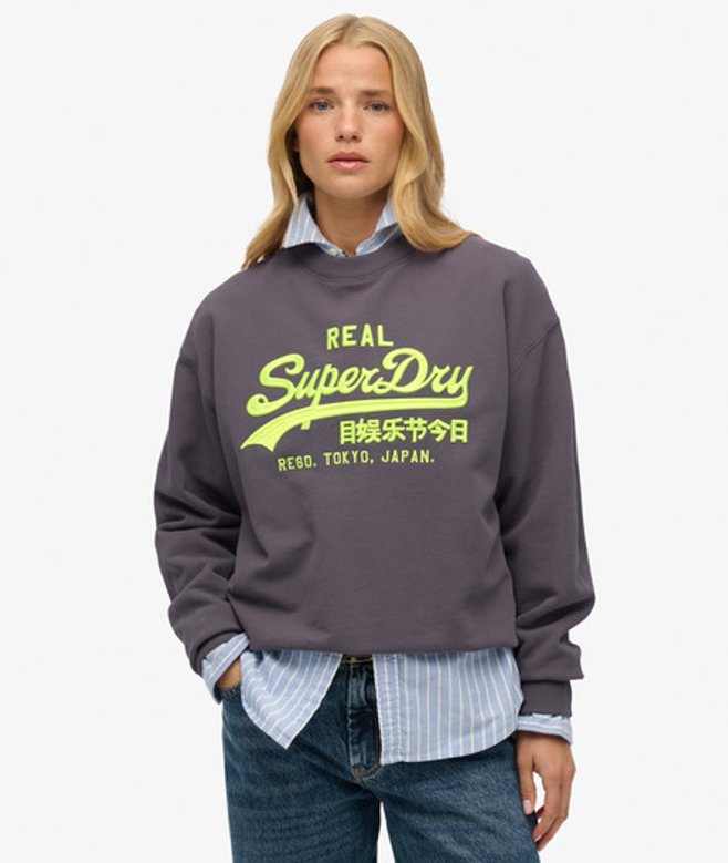 Superdry Damen Baumwolle Lockeres Vintage Neon Logo Sweatshirt mit Rundhalsausschnitt, Dunkelgrau & Gelb - Größe: 38 von Superdry