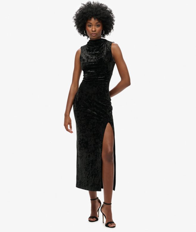 Superdry Damen Maxikleid aus Samt Schwarz - Größe: 44 von Superdry