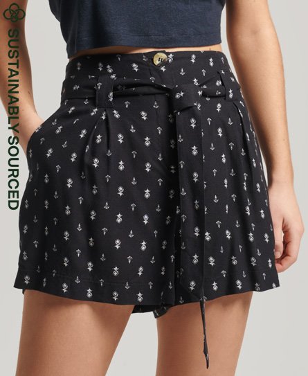 Superdry Women's Paperbag-Shorts mit Print im Vintage-Look Schwarz - Größe: 36 von Superdry