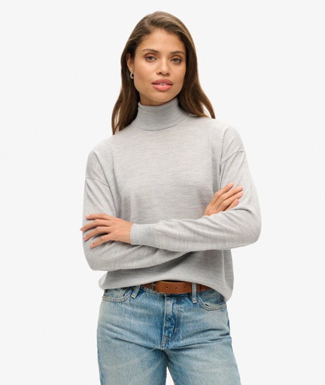 Superdry Damen Rollkragenpullover aus Merinowolle mit überschnittenen Schultern Hellgrau - Größe: 38 von Superdry