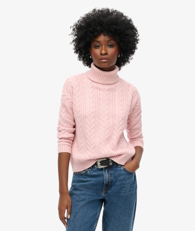 Superdry Damen Rollkragenpullover mit Zopfmuster und überschnittenen Schultern Pink - Größe: 36 von Superdry