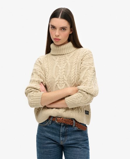 Superdry Women's Strickpullover mit Zopfmuster und Rollkragen Creme - Größe: 44 von Superdry