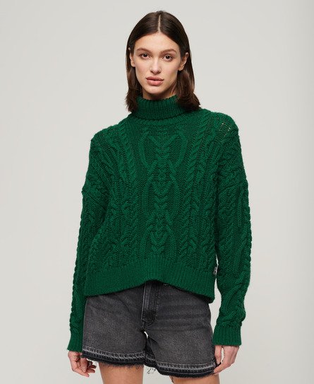 Superdry Women's Strickpullover mit Zopfmuster und Rollkragen Grün - Größe: 34 von Superdry