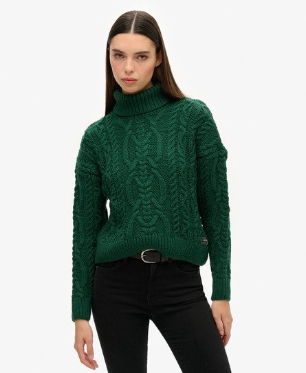 Superdry Women's Strickpullover mit Zopfmuster und Rollkragen Grün - Größe: 42 von Superdry