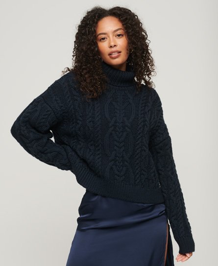 Superdry Women's Strickpullover mit Zopfmuster und Rollkragen Marineblau - Größe: 36 von Superdry