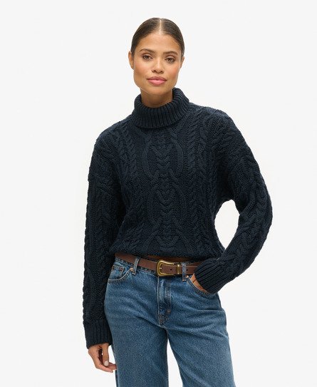 Superdry Women's Strickpullover mit Zopfmuster und Rollkragen Marineblau - Größe: 42 von Superdry