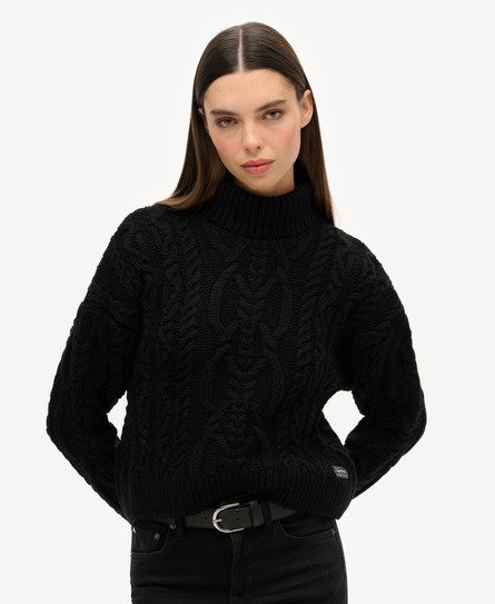 Superdry Women's Strickpullover mit Zopfmuster und Rollkragen Schwarz - Größe: 44 von Superdry