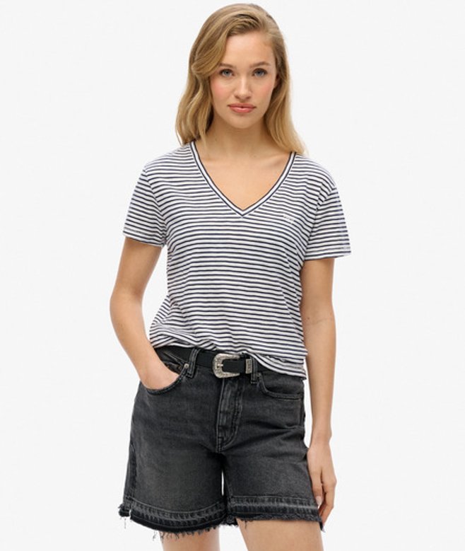 Superdry Women's Strukturiertes T-shirt mit V-ausschnitt und Stickerei Marineblau - Größe: 34 von Superdry