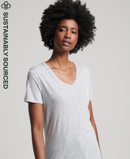 Superdry Women's Studios T-Shirt aus Bio-Baumwolle mit V-Ausschnitt und Tasche Hellgrau - Größe: 36 von Superdry