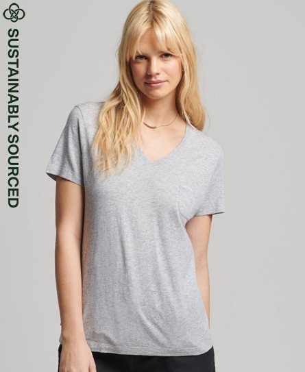 Superdry Women's T-Shirt aus Bio-Baumwolle mit V-Ausschnitt und Tasche Hellgrau - Größe: 38 von Superdry