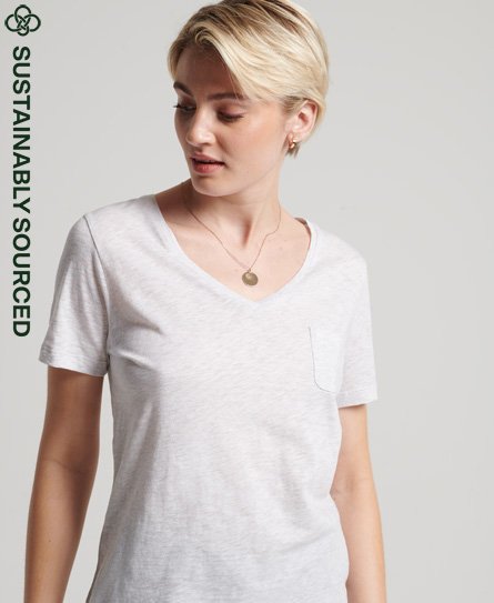 Superdry Women's T-Shirt aus Bio-Baumwolle mit V-Ausschnitt und Tasche Hellgrau - Größe: 40 von Superdry