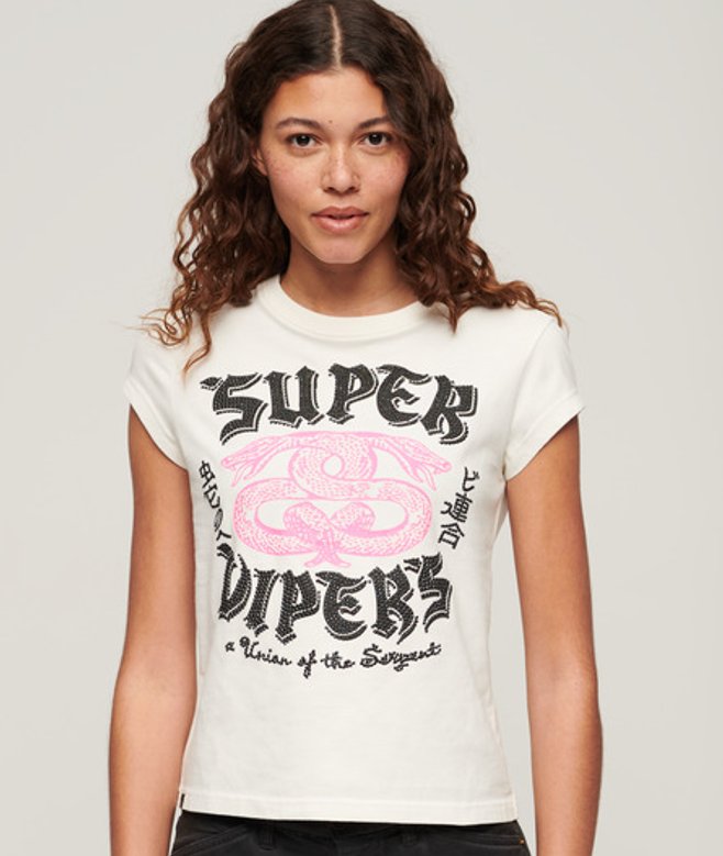 Superdry Women's Verziertes T-shirt mit Poster-print und Flügelärmeln Creme - Größe: 38 von Superdry