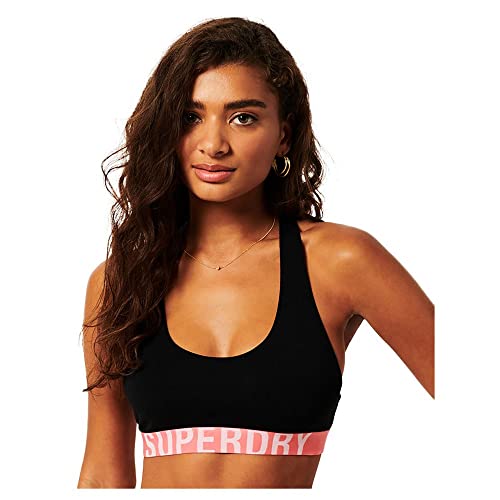 Superdry Womens Large Logo Crop Bralette Bustier, Black/Fluro Coral, M von Superdry