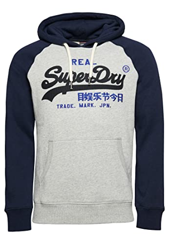 Superdry Herren Vintage Logo Heritage Hoodie mit Raglanärmeln aus Bio-Baumwolle Reich Marineblau Meliert/Sportlich Grau Meliert S von Superdry