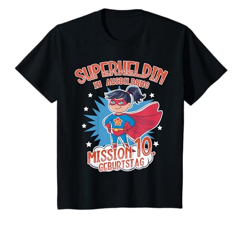 Kinder Superheldin in Ausbildung Geburtstag 10 Jahre schwarze Haare T-Shirt Kinder Superheldin in Ausbildung Geburtstag 10 Jahre schwarze Haare T-Shirt von Superhelden Geburtstagsshirt für Mädchen