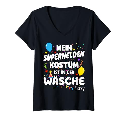 Damen Mein Superhelden Kostüm ist in der Wäsche Karneval Fasching T-Shirt mit V-Ausschnitt Damen Mein Superhelden Kostüm ist in der Wäsche Karneval Fasching T-Shirt mit V-Ausschnitt von Superhelden Kostüm Wäsche Karneval Fasching Shop
