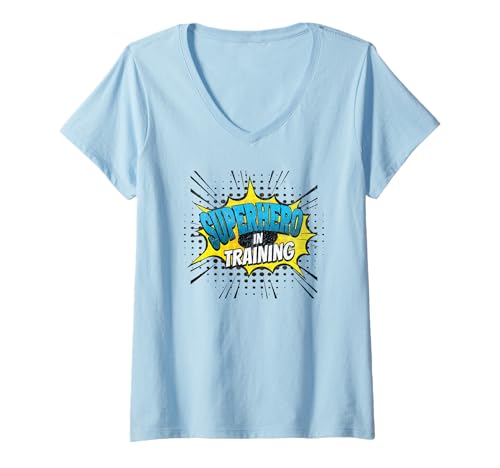 Damen Superheld im Training, lustiges Comic-Stil für Kinder T-Shirt mit V-Ausschnitt Damen Superheld im Training, lustiges Comic-Stil für Kinder T-Shirt mit V-Ausschnitt von Superhero Kids Training Comic Style