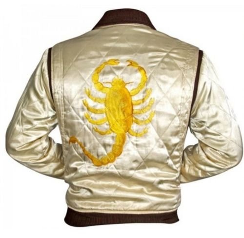 Weiße Bomberjacke mit Stickmotiv eines goldenen Skorpions auf dem Rücken, das Design stammt aus dem Film „Drive“ Gr. One size, elfenbeinfarben von Superior Leather Garments