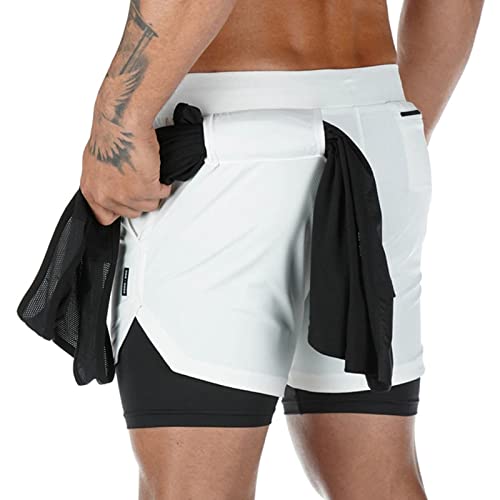 Superora Herren-Sport-Shorts, 2-in-1, atmungsaktiv, mit Taschen, Outdoor, Workout-Shorts, weiß, S von Superora