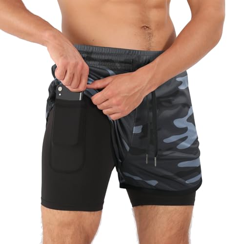 Superora Herren Laufshorts Kompressionsshorts Gym Fitness Workout 2 in 1 Shorts mit Handytasche und Reißverschlusstaschen von Superora