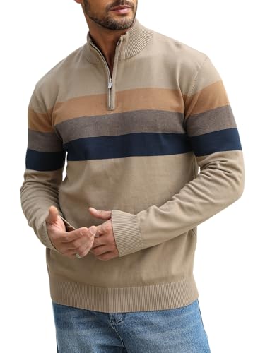 Superora Herren Pullover Baumwolle Gestreiftes Strickpullover Langarm Feinstrick Rollkragenpullover 1/4 Zip Winterpullover von Superora