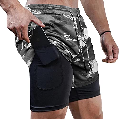 Superora Herren Sport Shorts Laufshorts 2 in 1 Kurze Running Sporthose Fitness Training Mit Eingebaut Taschen (Tarngrau, XS, x_s) von Superora