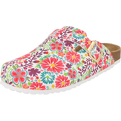 Supersoft Damen Hausschuhe Clogs Pantoletten 276-163 Flower Blumen in 2 Farben (White Multi, Numeric_40) von Supersoft