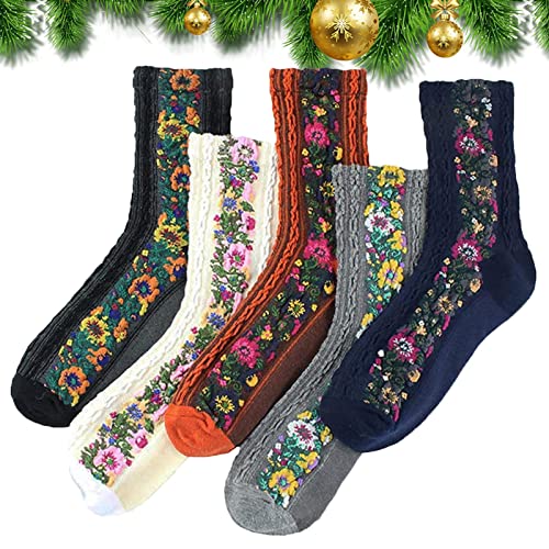 Suphyee Retro ethnische Blumensocken | Kalte Winterwarme Thermosocken 5 Paar/Set | Wärmespeichernde warme Wintersocken Kuschelige Socken für den kalten Winter auf dem Boden von Suphyee