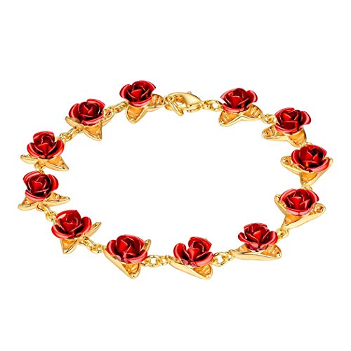 Suplight Armschmuck Damen Rosen Armkette 19cm Gelbgold überzogen roten Rosen Blumen Charms Armband Frauen Mädchen Accessoire Geschenk zum Weihnachten Valentinstag von Suplight