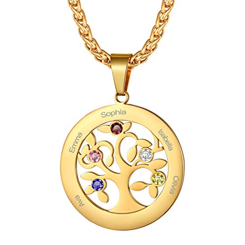 Suplight 18k vergoldet Familienkette mit Baum des Lebens Anhänger personalisiert Runde Anhänger Namen Gravur Geburtsstein + 56cm Rolokette Schmuck Accessoire Freundschaft von Suplight