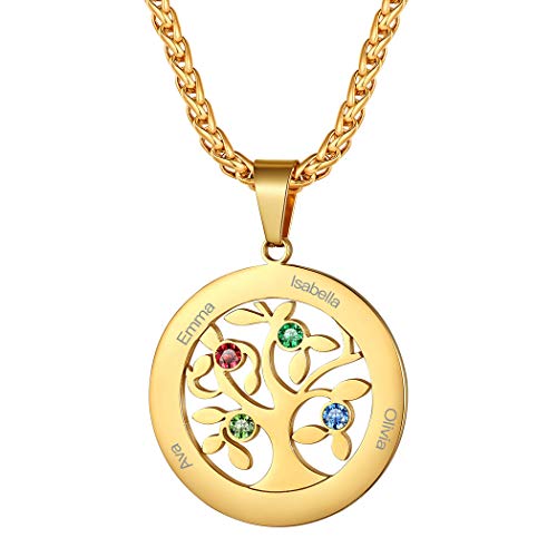 Suplight 18k vergoldet Kette mit Baum des Lebens personalisiert Namenskette Familienkette mit Geburtsstein für Freundschaft Namen Gravur Runde Anhänger BFF Geschenk für Geburtstag Weihnachten von Suplight