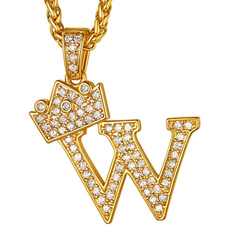 Suplight 18k vergoldet Krone Buchstabe W Kette Iced-Out CZ Anhänger Halskette für Männer Jungen 56+5cm Weizenkette Hip Hop Rapper Modeschmuck Accessoire von Suplight