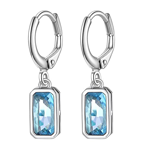 Suplight 925 Sterling Silber März Geburtsstein Hoop Dangle Ohrringe, Smaragd Schliff erstellter Aquamarin blau Kristall Tropfen Earings, Frauen Drop & Dangle Earings von Suplight