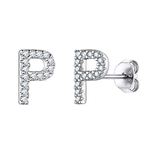 Suplight 925er Silber Damen Initiale Ohrschmuck Weißgold beschichtet Zirkonia Buchstabe Ohrstecker P Minimalist Anfangsbuchstaben Ohr Piercing für Frauen Mädchen Schmuck von Suplight