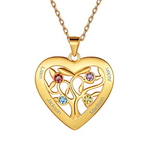Suplight 925er Silber Namenskette mit Geburtsstein 18k vergoldet Baum des Lebens Kette für Damen Mädchen personalisiert Namen Gravur Herzanhänger Halskette Geschenk für BFF Freundinen von Suplight