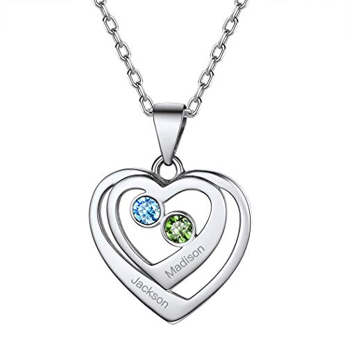 Suplight 925er Silber Namenskette mit Geburtsstein Doppel-Herzen Anhänger Halskette für Damen Mädchen personalisiert Herzkette Namen Gravur 46+5cm einzigartiges Geschenk für Freundin Ehefrau von Suplight