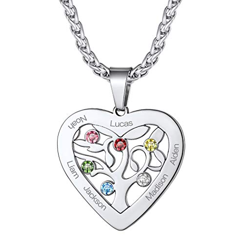 Suplight Baum des Lebens Kette Edelstahl personalisiert Herzanhänger mit 56cm Weizenkette Namenskette + Geburtsstein Namen Gravur Familienkette Geschenk Souvenir für Geburstag Weihnachten von Suplight
