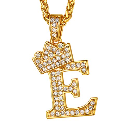 Suplight Buchstabe E Halskette für Männer Jungen 18k vergoldet Iced-Out CZ Krone Anhänger mit 56+5cm Weizenkette Blingbling Rapper Modeschmuck Accessoire von Suplight