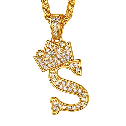 Suplight Buchstabe S Halskette für Männer Jungen 18k vergoldet Iced-Out CZ Krone Anhänger mit 56+5cm Weizenkette Blingbling Rapper Modeschmuck Accessoire von Suplight