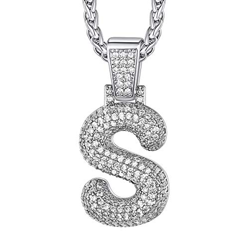 Suplight Buchstabe S Halskette für Männer Jungen platiniert Iced-Out CZ Schaumblase Design Initiale Anhänger mit 56+5cm Weizenkette Blingbling Rapper Modeschmuck Accessoire von Suplight