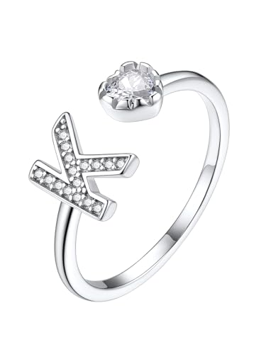 Suplight Buchstaben K Ring Silber 925 Glänzender Zirkon Verstellbar Fingerring für Damen Offener Damenring von Größe 49 bis 62 inklusive Geschenkbox von Suplight